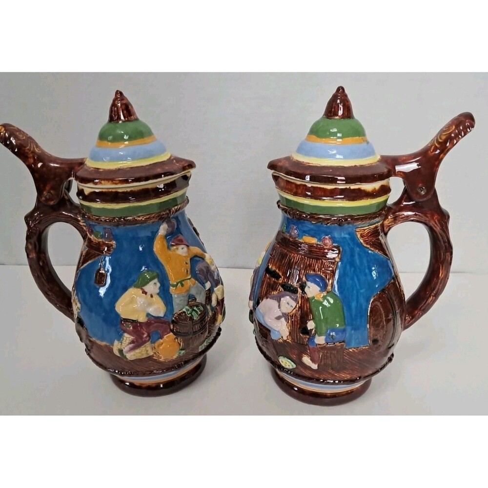 Pair of Holland Mold Bar Fight Ceramic Beer Stein Hand Painted Vintage MF 1972